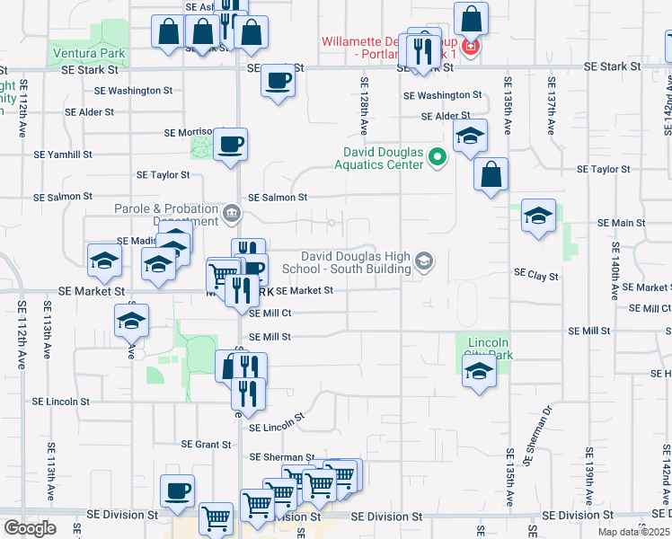 map of restaurants, bars, coffee shops, grocery stores, and more near 12615 Southeast Madison Street in Portland