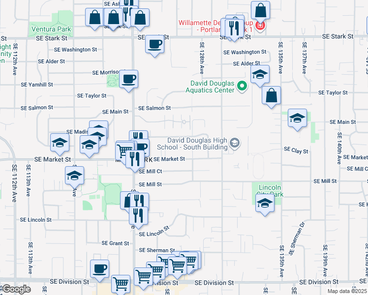 map of restaurants, bars, coffee shops, grocery stores, and more near 12615 Southeast Madison Street in Portland