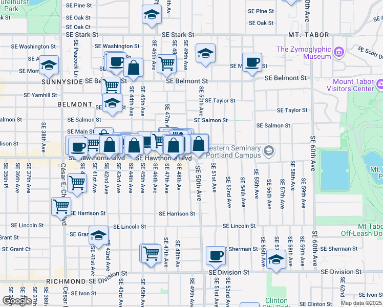 map of restaurants, bars, coffee shops, grocery stores, and more near 1339 Southeast 50th Avenue in Portland