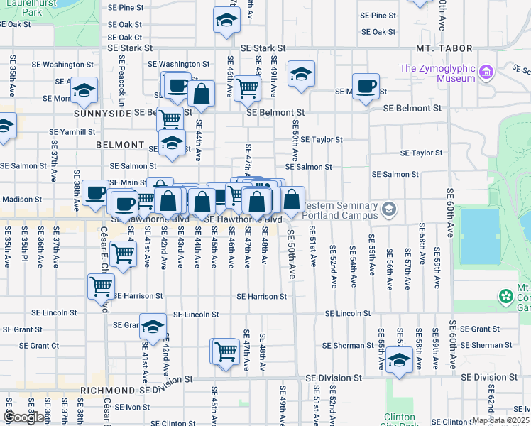 map of restaurants, bars, coffee shops, grocery stores, and more near 1336 Southeast 48th Avenue in Portland