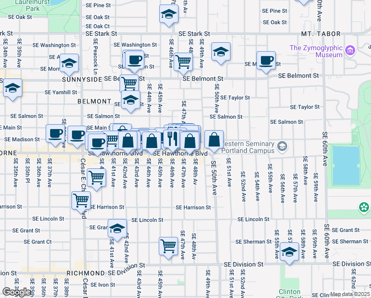 map of restaurants, bars, coffee shops, grocery stores, and more near 4625 Southeast Madison Street in Portland