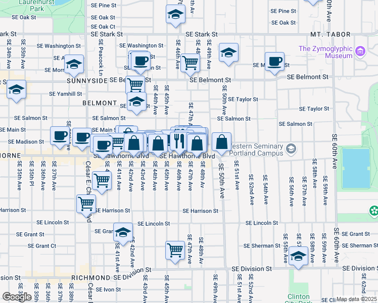 map of restaurants, bars, coffee shops, grocery stores, and more near 4625 Southeast Madison Street in Portland