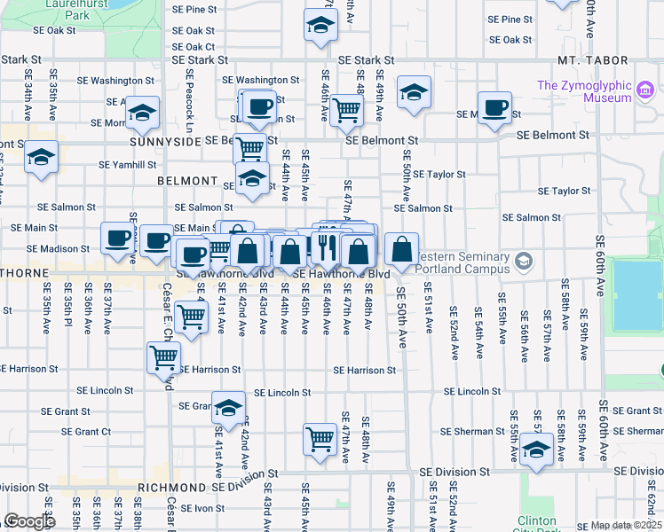 map of restaurants, bars, coffee shops, grocery stores, and more near 4625 Southeast Madison Street in Portland