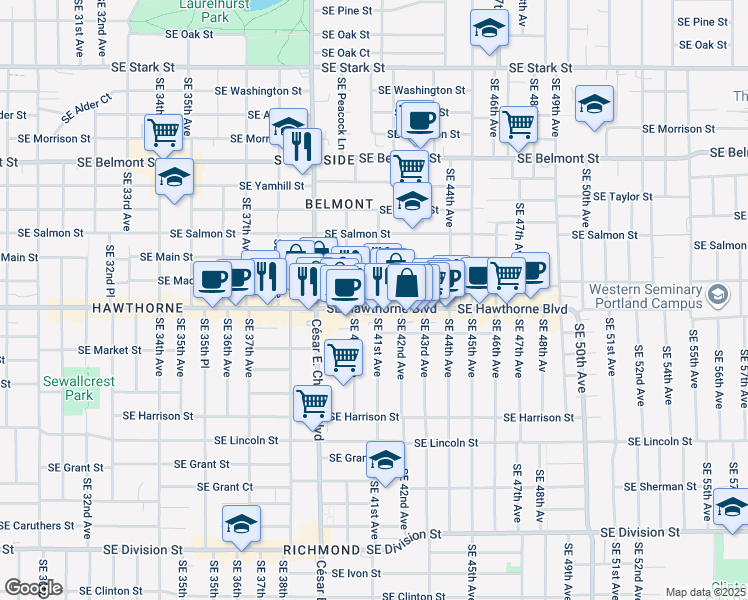 map of restaurants, bars, coffee shops, grocery stores, and more near 4047 Southeast Madison Street in Portland