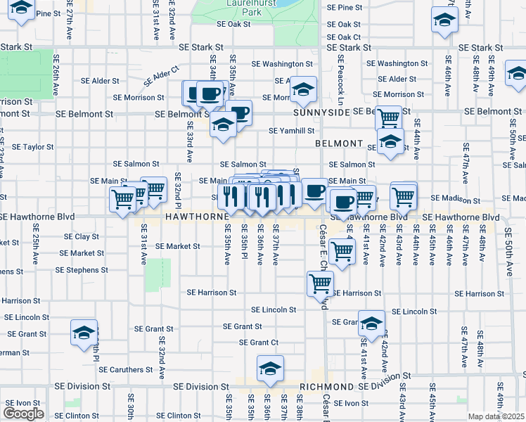 map of restaurants, bars, coffee shops, grocery stores, and more near 3609 Southeast Madison Street in Portland