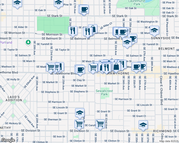 map of restaurants, bars, coffee shops, grocery stores, and more near 2925 Southeast Madison Street in Portland