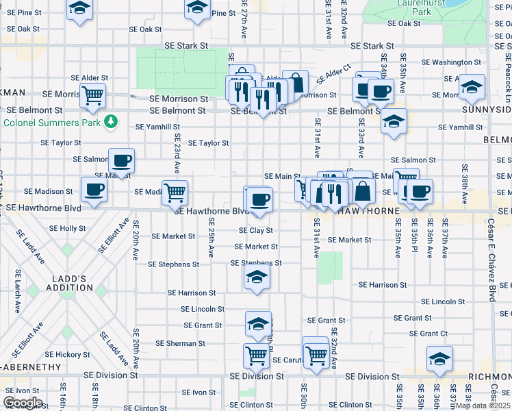 map of restaurants, bars, coffee shops, grocery stores, and more near 1334 Southeast 28th Avenue in Portland