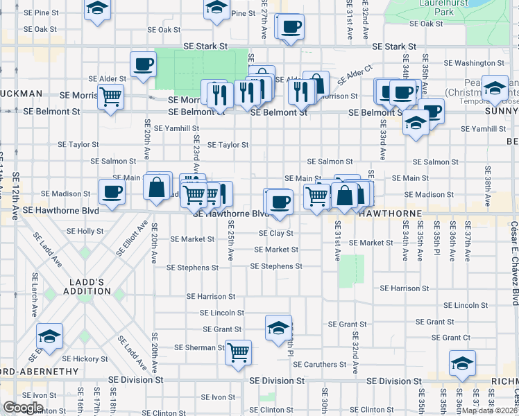 map of restaurants, bars, coffee shops, grocery stores, and more near 2635 Southeast Madison Street in Portland