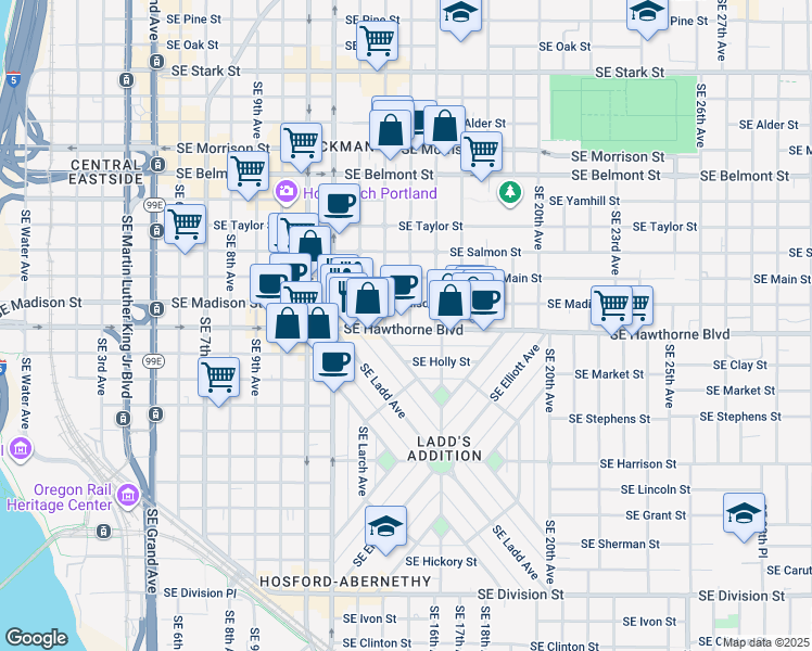 map of restaurants, bars, coffee shops, grocery stores, and more near 1505 Southeast Madison Street in Portland