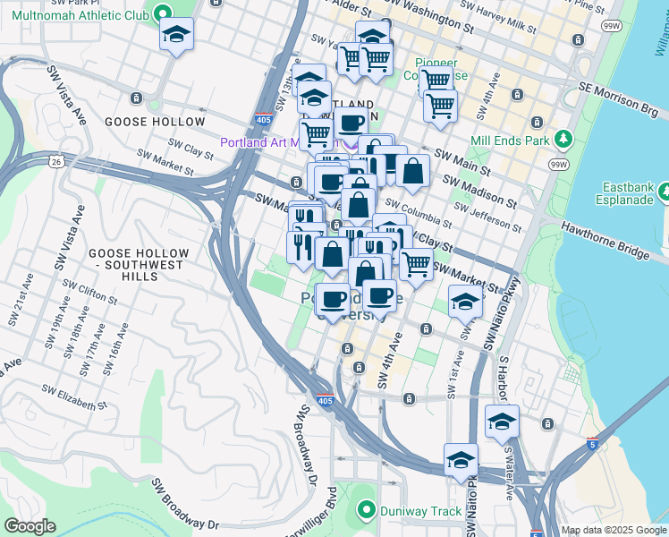 map of restaurants, bars, coffee shops, grocery stores, and more near 1620 Southwest Park Avenue in Portland