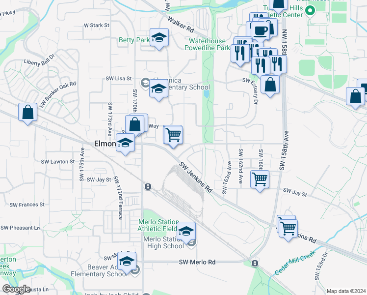 map of restaurants, bars, coffee shops, grocery stores, and more near 935 Southwest 166th Avenue in Beaverton