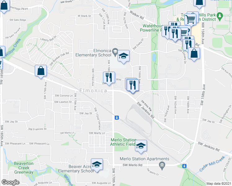 map of restaurants, bars, coffee shops, grocery stores, and more near 16971 Southwest Steele Way in Beaverton