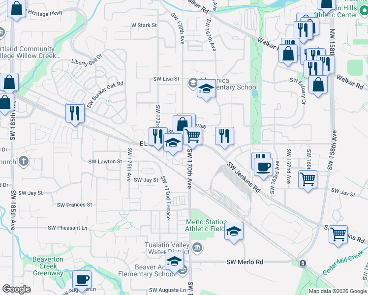 map of restaurants, bars, coffee shops, grocery stores, and more near 17112 Southwest Whitley Way in Beaverton