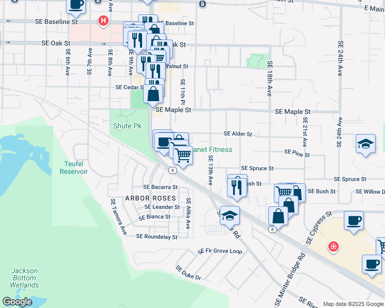 map of restaurants, bars, coffee shops, grocery stores, and more near 851 Southeast 13th Avenue in Hillsboro