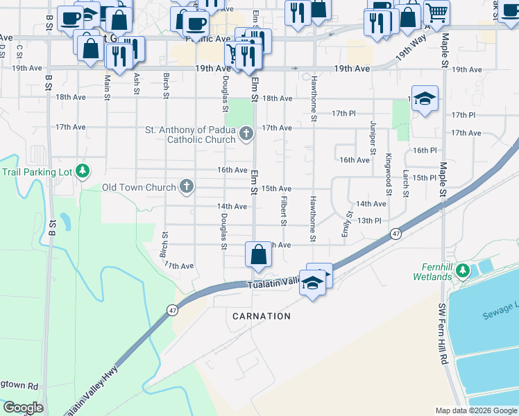 map of restaurants, bars, coffee shops, grocery stores, and more near 2524 15th Avenue in Forest Grove