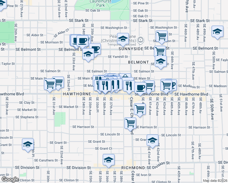 map of restaurants, bars, coffee shops, grocery stores, and more near 3723 Southeast Hawthorne Boulevard in Portland