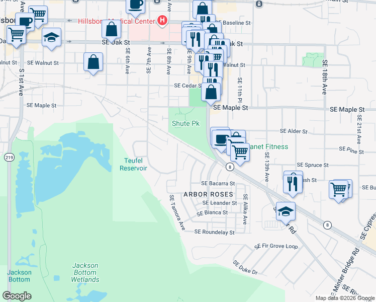 map of restaurants, bars, coffee shops, grocery stores, and more near 939 Southeast Albertine Street in Hillsboro