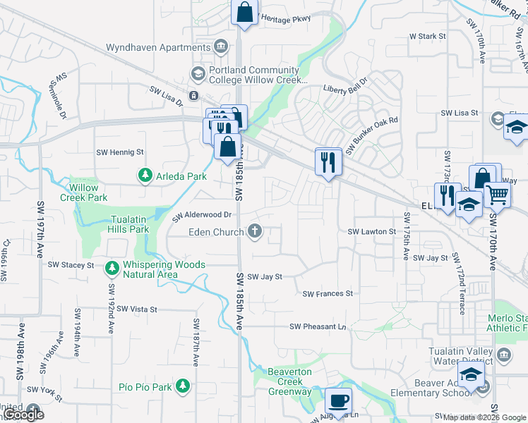 map of restaurants, bars, coffee shops, grocery stores, and more near 18364 Southwest Alderwood Drive in Beaverton