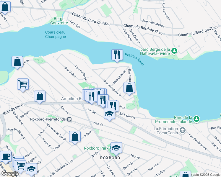 map of restaurants, bars, coffee shops, grocery stores, and more near 6030 Rue Saraguay Ouest in Montréal