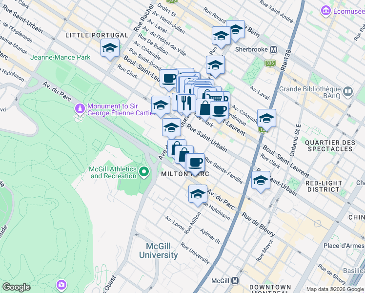 map of restaurants, bars, coffee shops, grocery stores, and more near 3692 Rue Sainte-Famille in Montréal