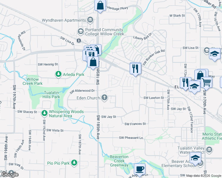 map of restaurants, bars, coffee shops, grocery stores, and more near 18316 Southwest Alderwood Drive in Beaverton