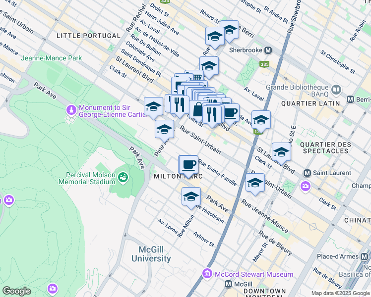 map of restaurants, bars, coffee shops, grocery stores, and more near 3655 Rue Sainte Famille in Montréal