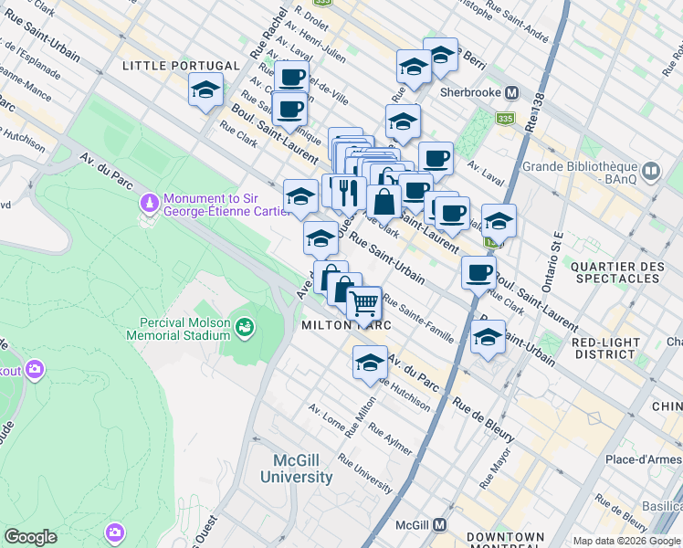 map of restaurants, bars, coffee shops, grocery stores, and more near 3692 Rue Sainte-Famille in Montréal