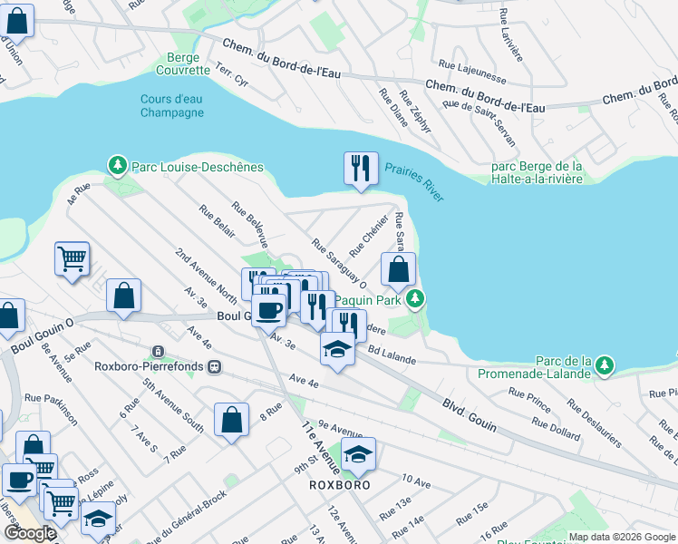 map of restaurants, bars, coffee shops, grocery stores, and more near 6030 Rue Saraguay Ouest in Montréal
