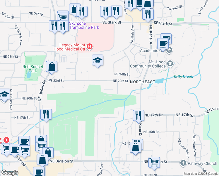 map of restaurants, bars, coffee shops, grocery stores, and more near 2770 Northeast 23rd Street in Gresham