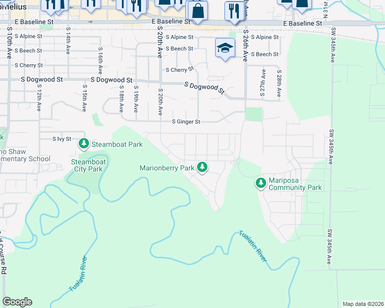 map of restaurants, bars, coffee shops, grocery stores, and more near 818 South 22nd Avenue in Cornelius