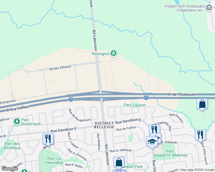 map of restaurants, bars, coffee shops, grocery stores, and more near 445 Boulevard des Affaires in Gatineau