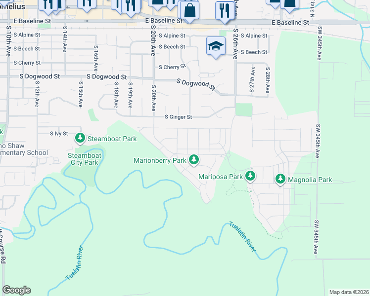 map of restaurants, bars, coffee shops, grocery stores, and more near 859 South 23rd Avenue in Cornelius