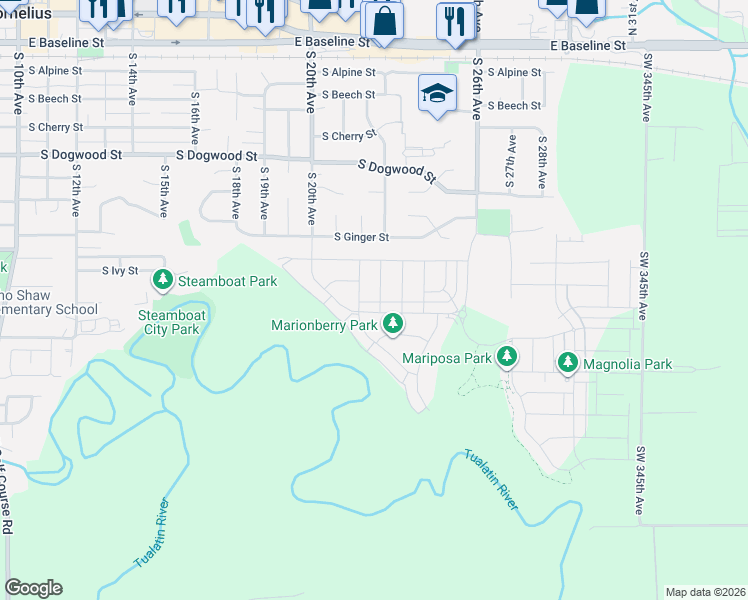 map of restaurants, bars, coffee shops, grocery stores, and more near 859 South 23rd Avenue in Cornelius