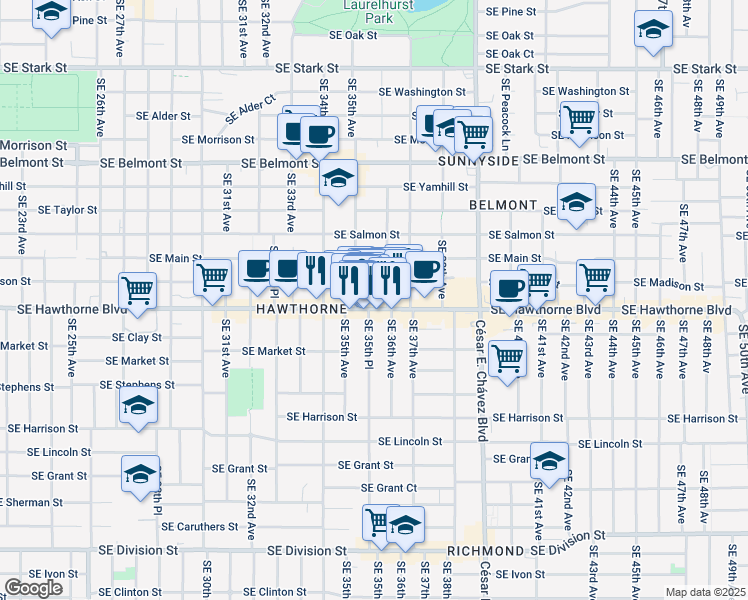map of restaurants, bars, coffee shops, grocery stores, and more near 3508 Southeast Madison Street in Portland