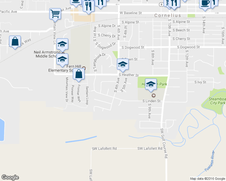 map of restaurants, bars, coffee shops, grocery stores, and more near 961 South 4th Avenue in Cornelius