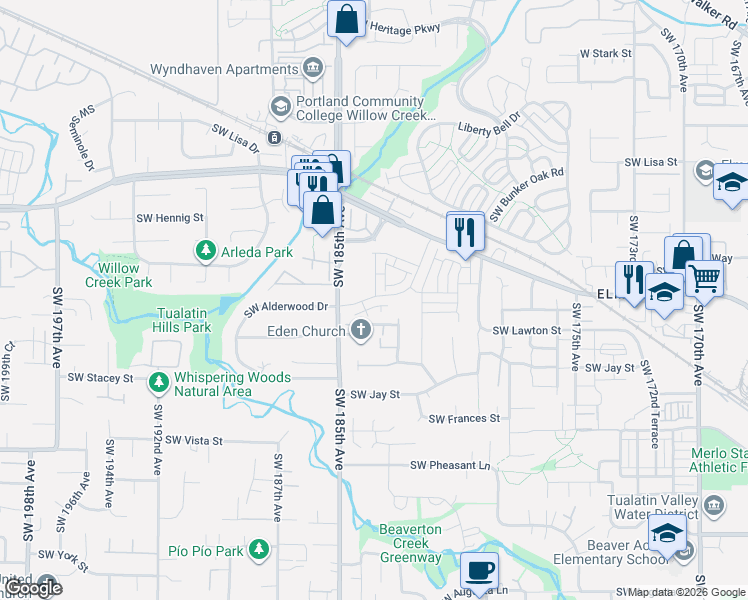 map of restaurants, bars, coffee shops, grocery stores, and more near in Hillsboro