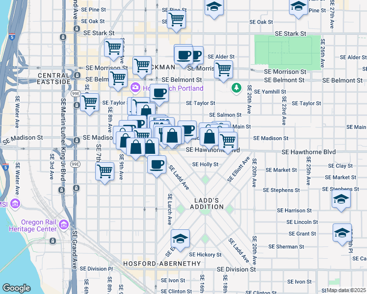 map of restaurants, bars, coffee shops, grocery stores, and more near 1331 Southeast Madison Street in Portland