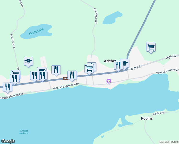 map of restaurants, bars, coffee shops, grocery stores, and more near 3 Grandique Road in Arichat