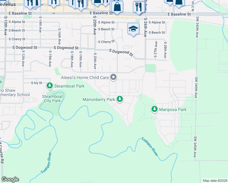 map of restaurants, bars, coffee shops, grocery stores, and more near 818 South 22nd Avenue in Cornelius