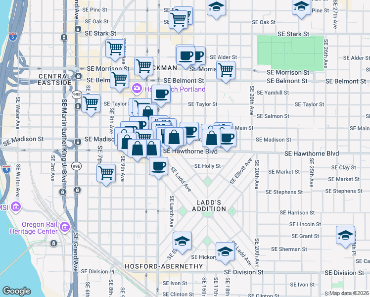 map of restaurants, bars, coffee shops, grocery stores, and more near 1430 Southeast 14th Avenue in Portland