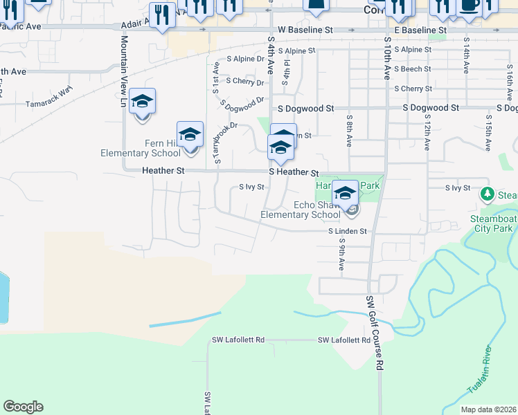 map of restaurants, bars, coffee shops, grocery stores, and more near 961 South 4th Avenue in Cornelius