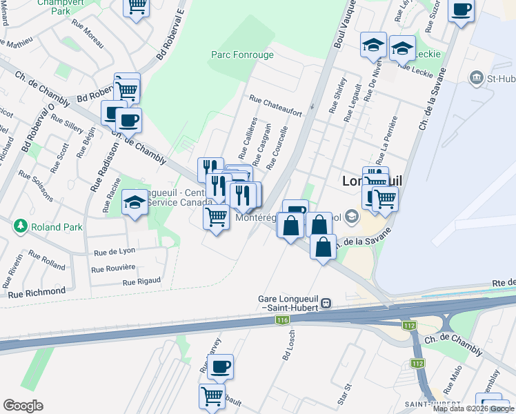 map of restaurants, bars, coffee shops, grocery stores, and more near 5 Boulevard Vauquelin in Longueuil