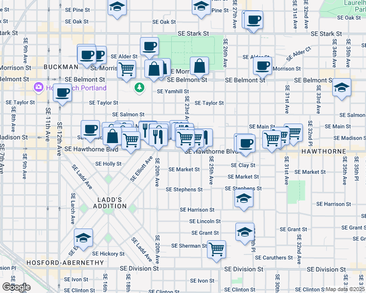 map of restaurants, bars, coffee shops, grocery stores, and more near 2217 Southeast Madison Street in Portland