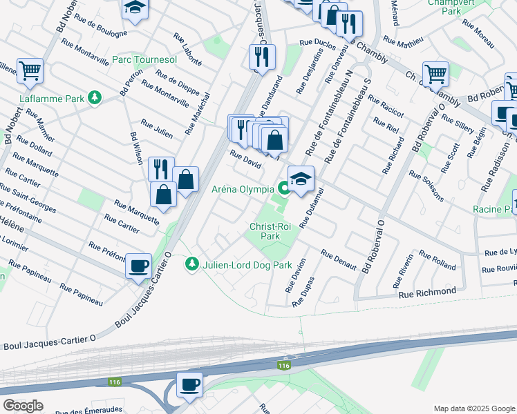 map of restaurants, bars, coffee shops, grocery stores, and more near 725 Rue Darveau in Longueuil