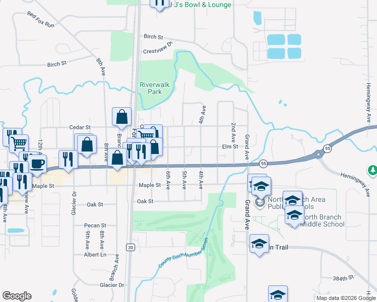 map of restaurants, bars, coffee shops, grocery stores, and more near 38889 5th Avenue in North Branch