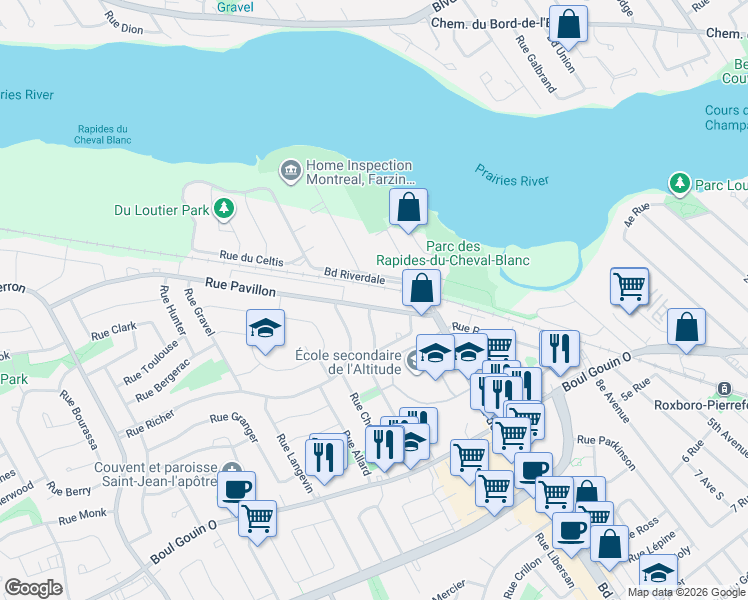 map of restaurants, bars, coffee shops, grocery stores, and more near 11861 Rue Pavillon in Montréal