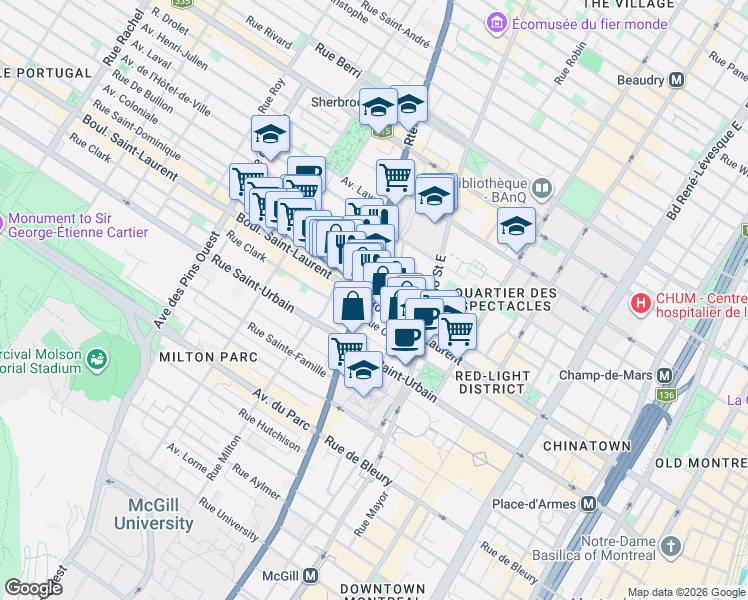map of restaurants, bars, coffee shops, grocery stores, and more near 2118 Saint Dominique Street in Montreal