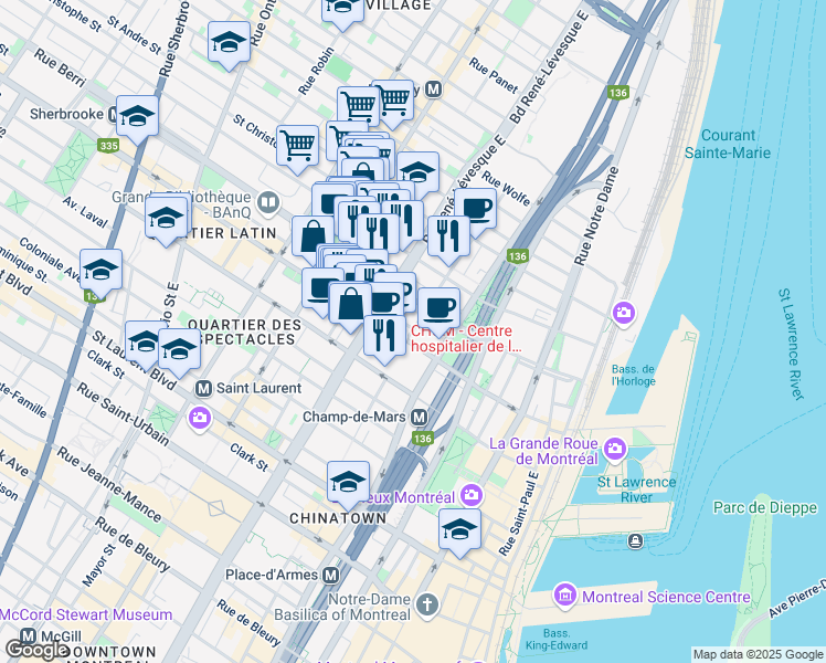map of restaurants, bars, coffee shops, grocery stores, and more near 416 Rue de la Gauchetière Est in Montréal
