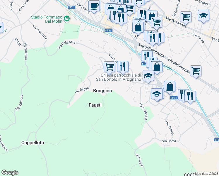 map of restaurants, bars, coffee shops, grocery stores, and more near 2 Via Prianti in Provincia di Vicenza