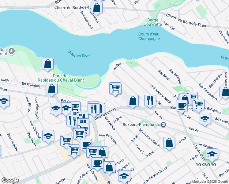 map of restaurants, bars, coffee shops, grocery stores, and more near 11145 Rue Meighen in Pierrefonds